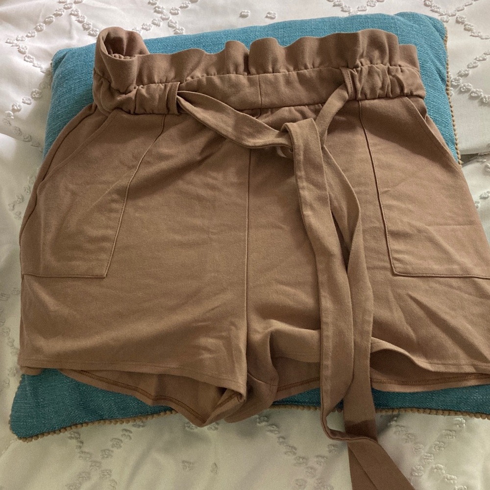 Express High Waist Paperbag Tie Shorts - Tan